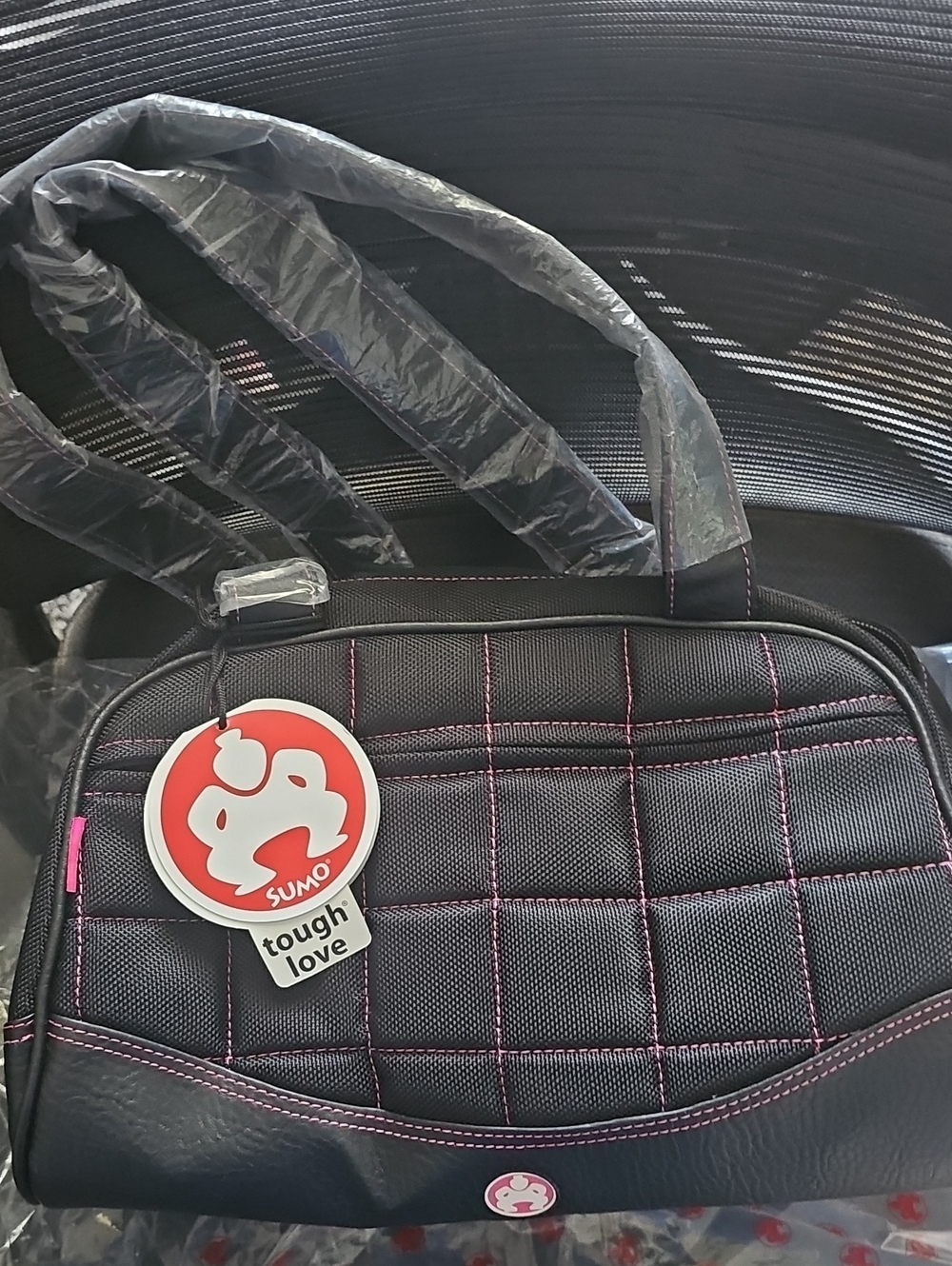 Tough Love Quilted Black Shoulder Bag with Pink Stitching
